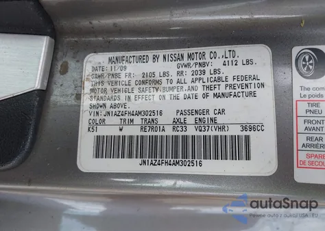 2010 Nissan 370Z Touring z USA, uszkodzony, nr VIN JN1AZ4FH4AM302516